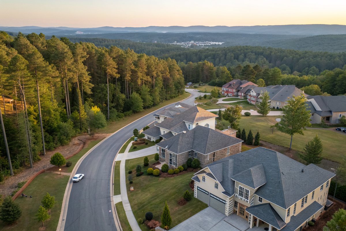 Aerial view of a subdivision of shingle-roofed homes along a curving road through pine woods