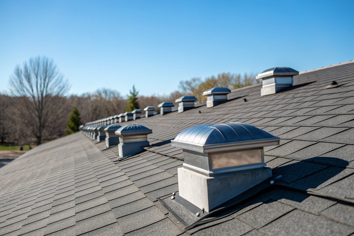 A row of metal roof vents along the ridge of a new dark shingle roof