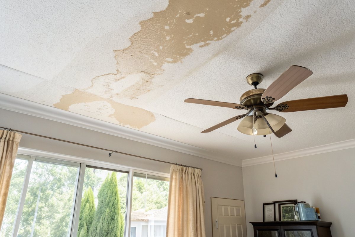 A brown water stain spreading across a bedroom ceiling near a ceiling fan