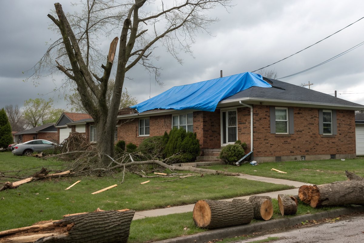A brick house with a blue tarp on its roof and cut tree limbs in the yard