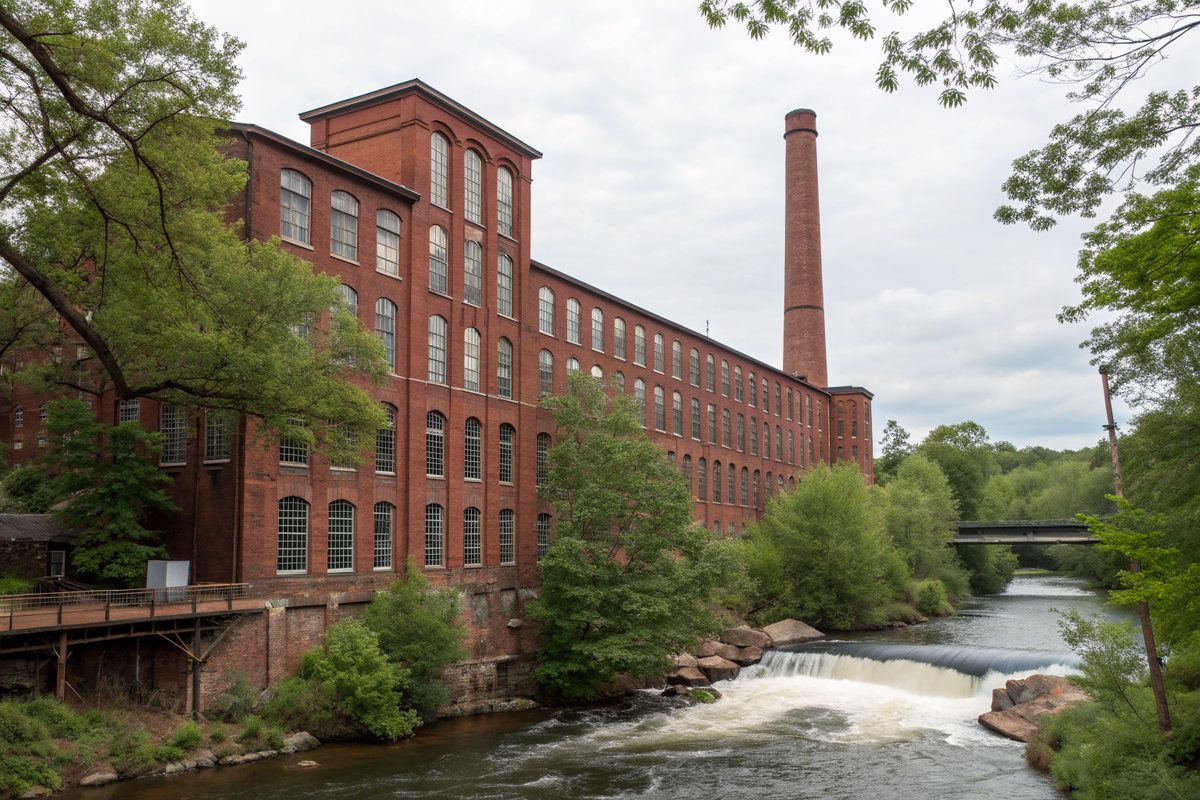 A long red brick mill building with a tall chimney beside a river with small falls