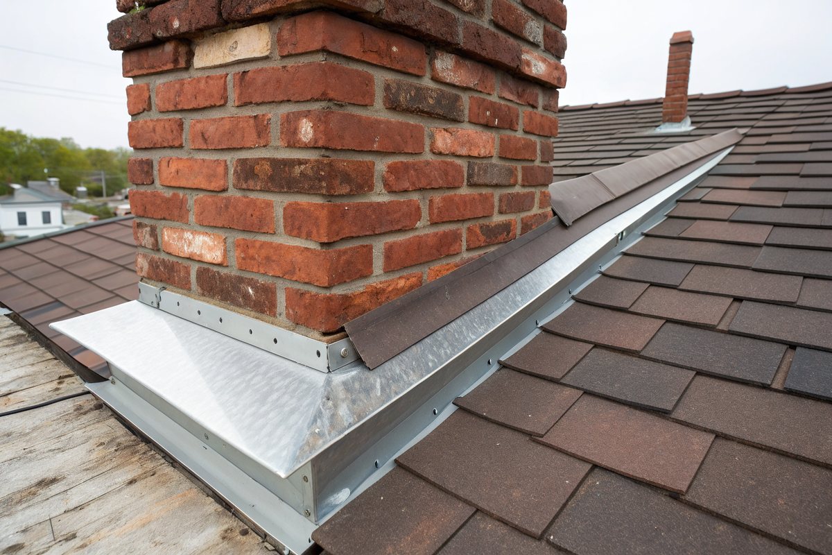 Metal step flashing where a red brick chimney meets a shingle roof