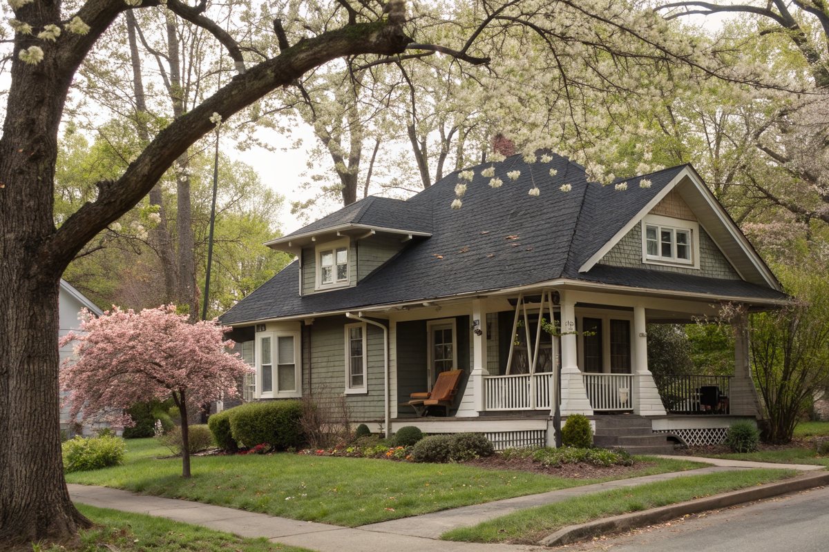 A craftsman bungalow with a dark shingle roof, a deep porch and a flowering tree