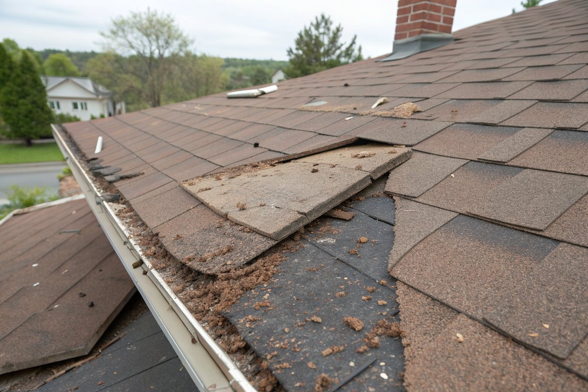 Creased and lifted shingle tabs along a gutter edge after strong wind