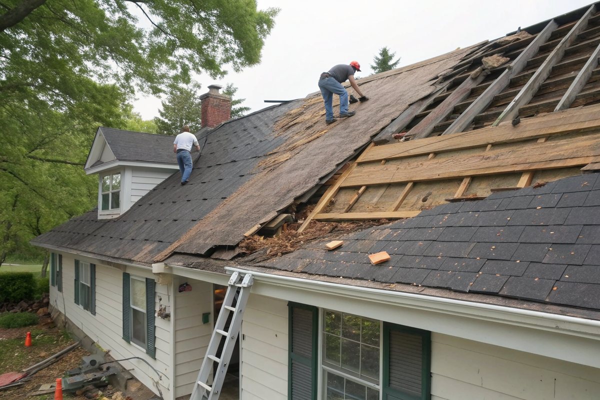 Old shingles stripped back to the wood decking on a two-story house during a re-roof