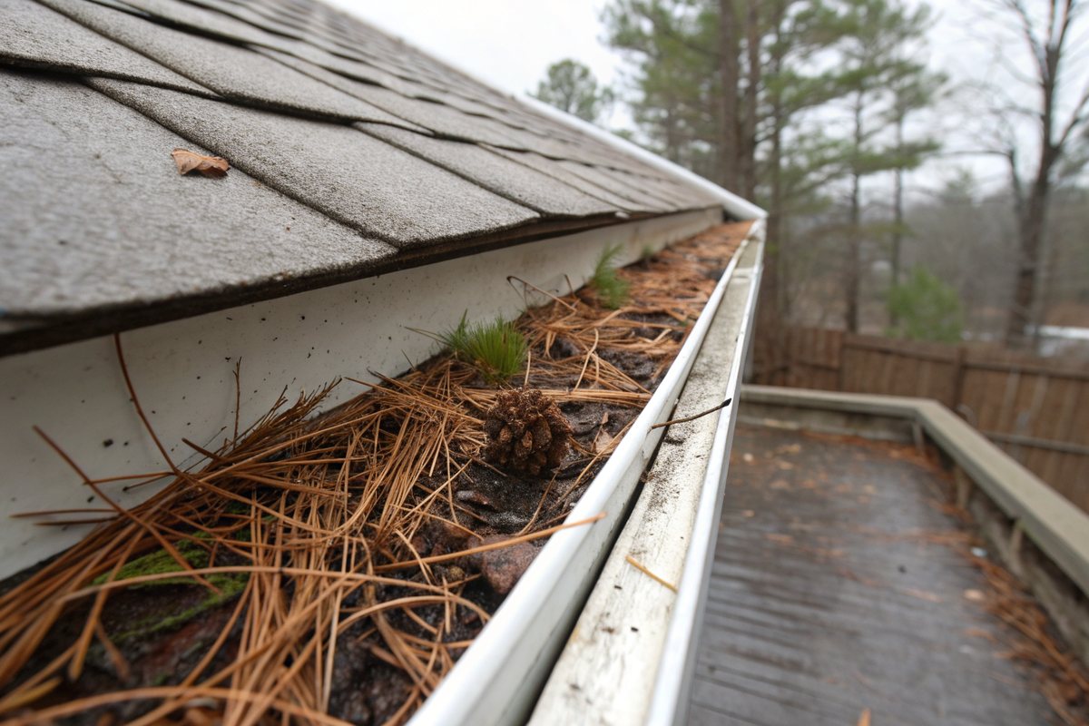 A gutter packed with pine straw and pine cones along a shingle roof edge