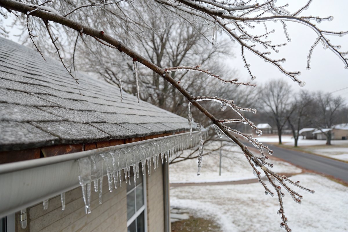 Ice-coated branches and icicles hanging from a gutter after an ice storm