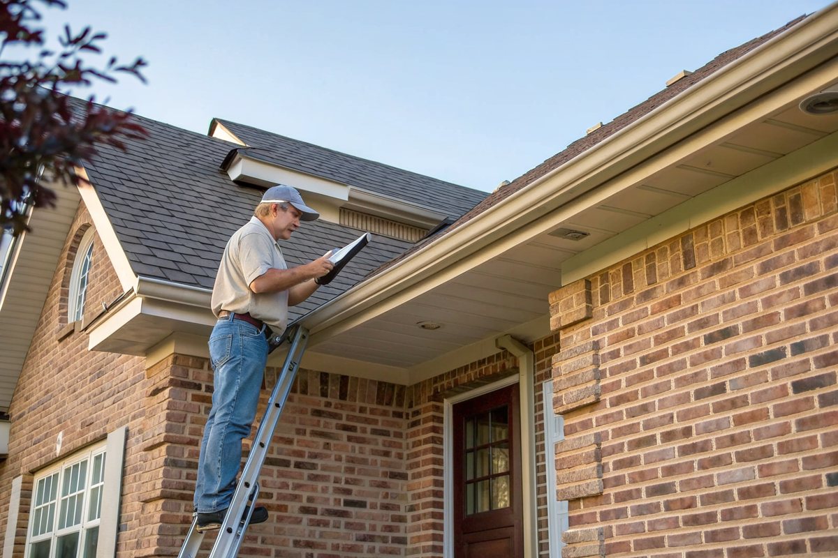 A man on a ladder checking the roof edge of a brick home with a clipboard