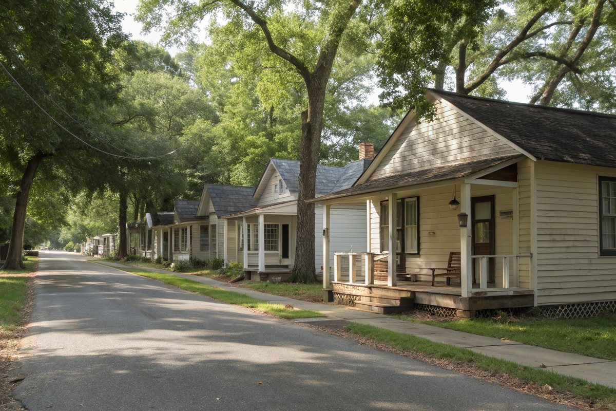 A row of small porch cottages on a quiet street shaded by old trees