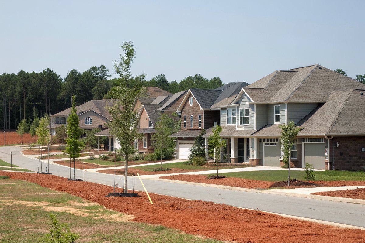 New two-story homes with gray shingle roofs on a fresh street with red clay lots