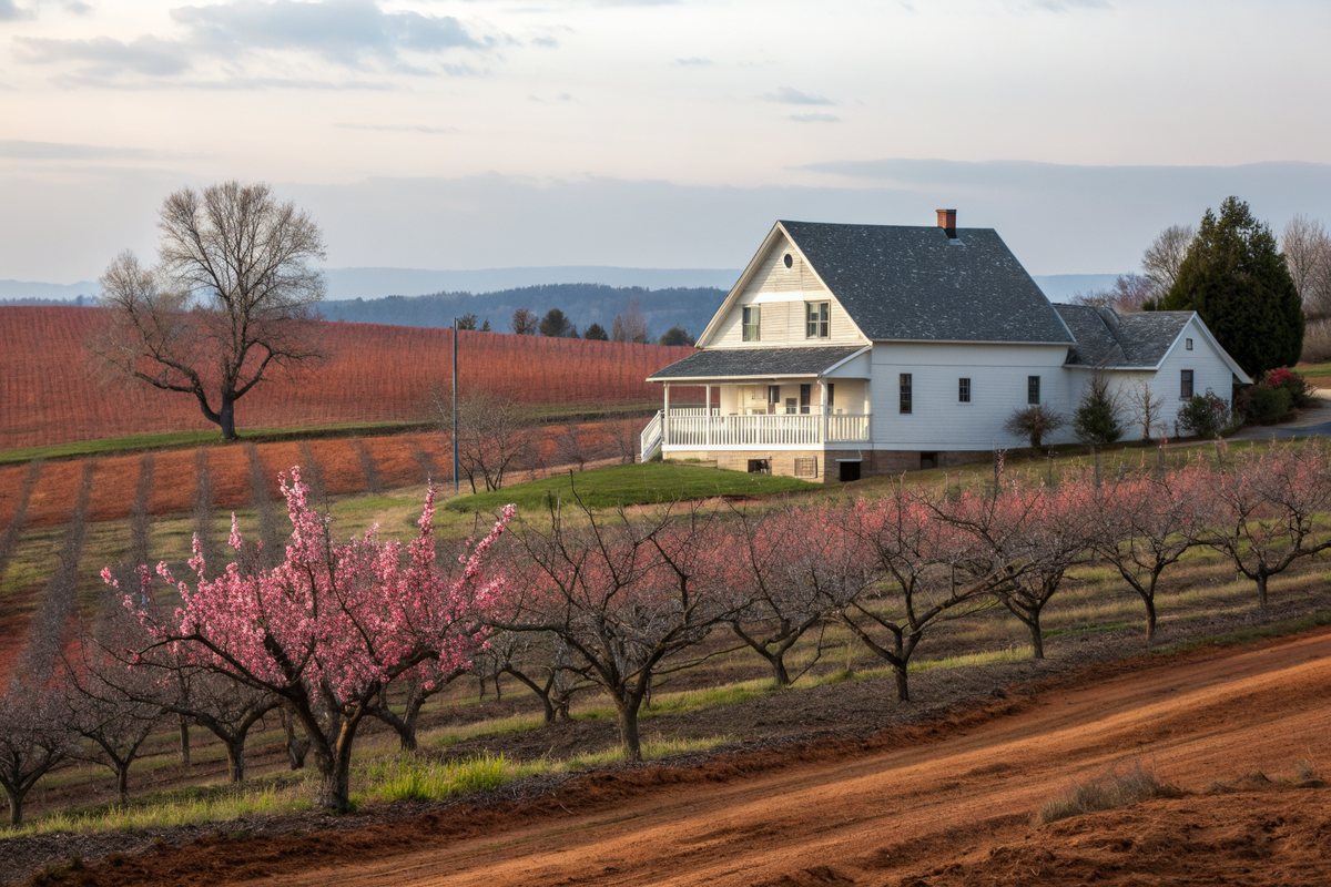 A white farmhouse beyond rows of blooming peach trees on red clay ground