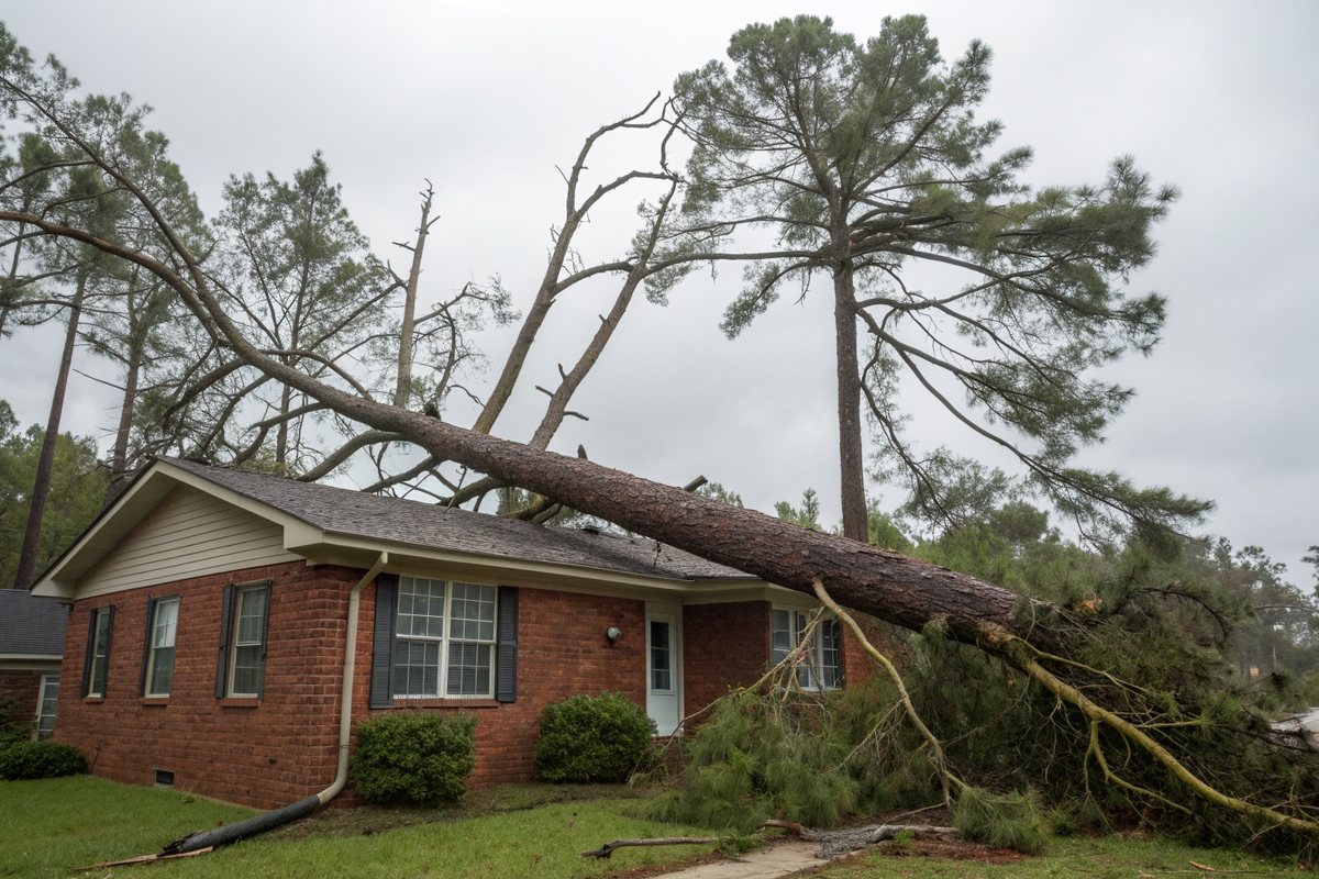 A large pine trunk fallen across the roof of a brick ranch house after a storm