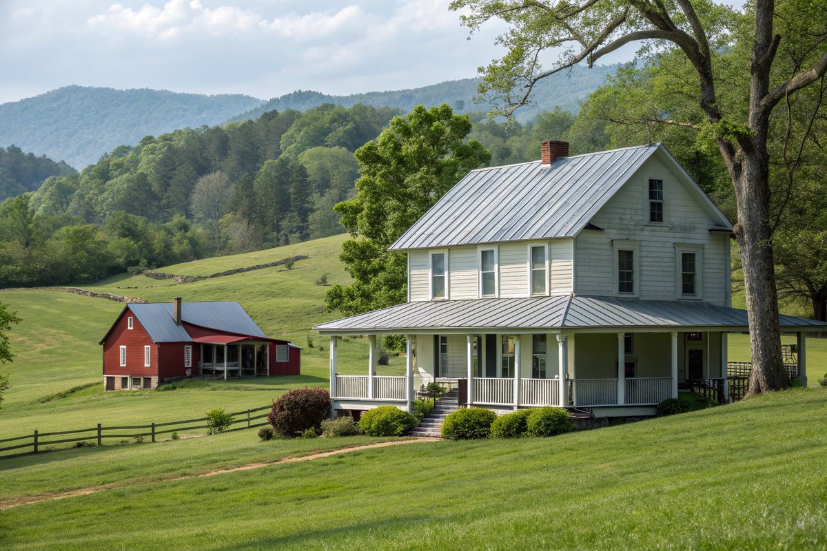 A white farmhouse with a silver metal roof on a green hillside with a red barn